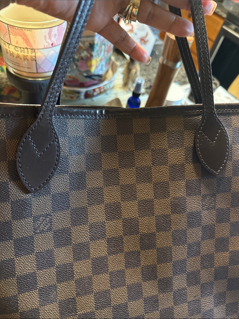 Louis Vuitton Brown Checkered Tote with Red Interior - Picture 10 of 10